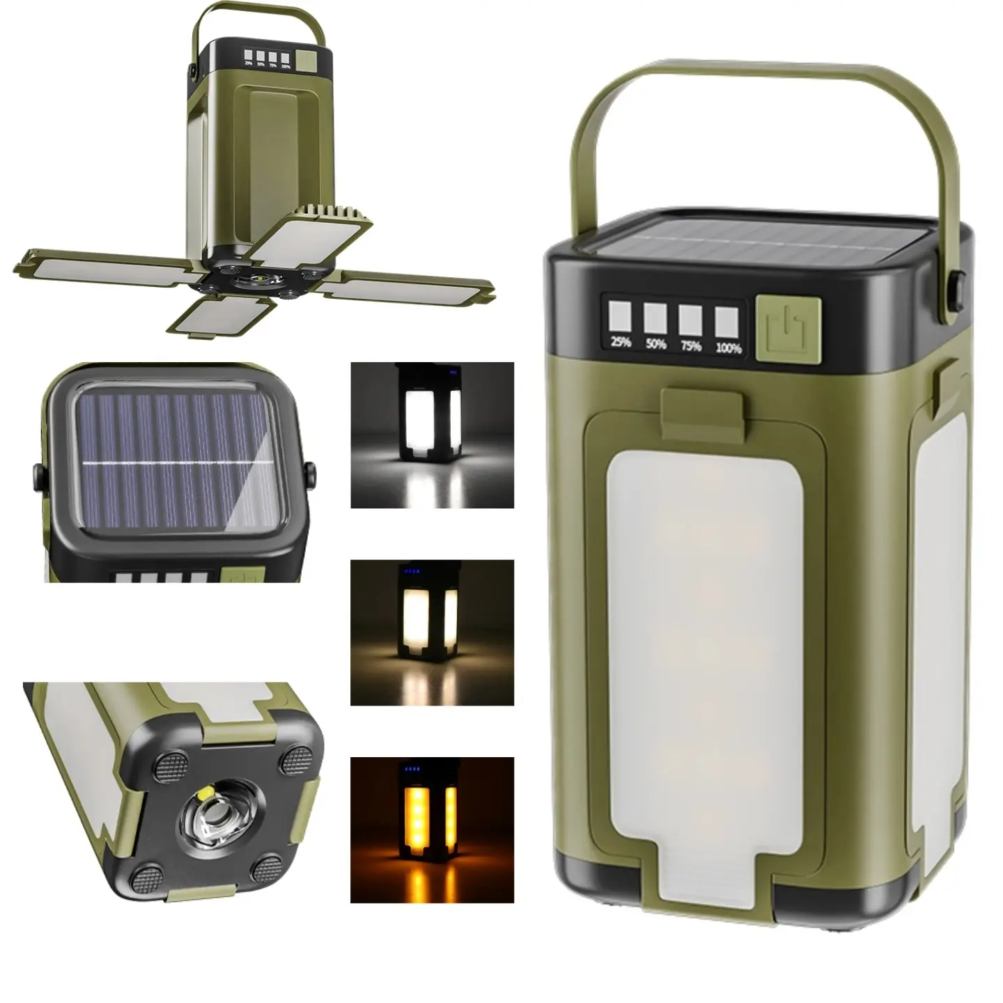 Foldable Rechargeable LED Camping Light with Cells, Dual Solar-USB Power, Waterproof Adjustable Flashlight, 6 Brightness Levels, Strobe, Battery Level Display, Portable Outdoor Tent Light