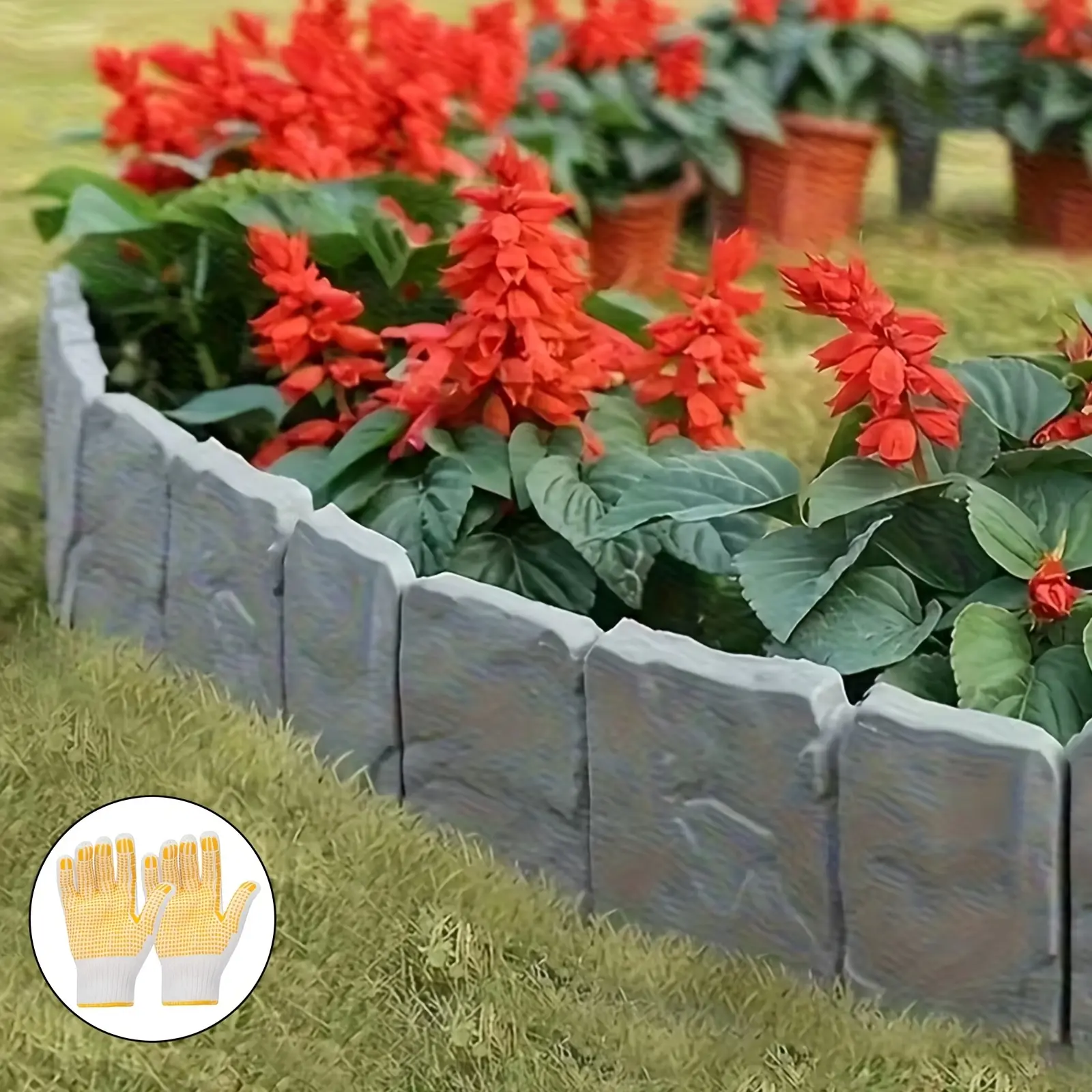 30Pcs Stone Garden Fence with Gloves | No-Dig Plastic Landscape Edging Border | Weatherproof Flower Bed Lawn Path Decor | Easy Interlocking Yard Edge DIY