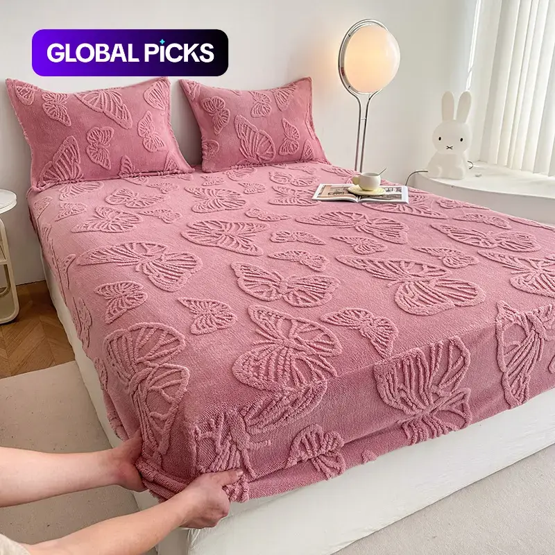 Butterfly Pattern Bedding Set (3 Counts/set), 1 Count Fitted Sheet & 2 Counts Pillowcases without Filler, Soft Warm Polyester Bedding Set for Bedroom & Guest Room, Decorative Bedsheet Set, Bed Linens #GLOBAL PICKS