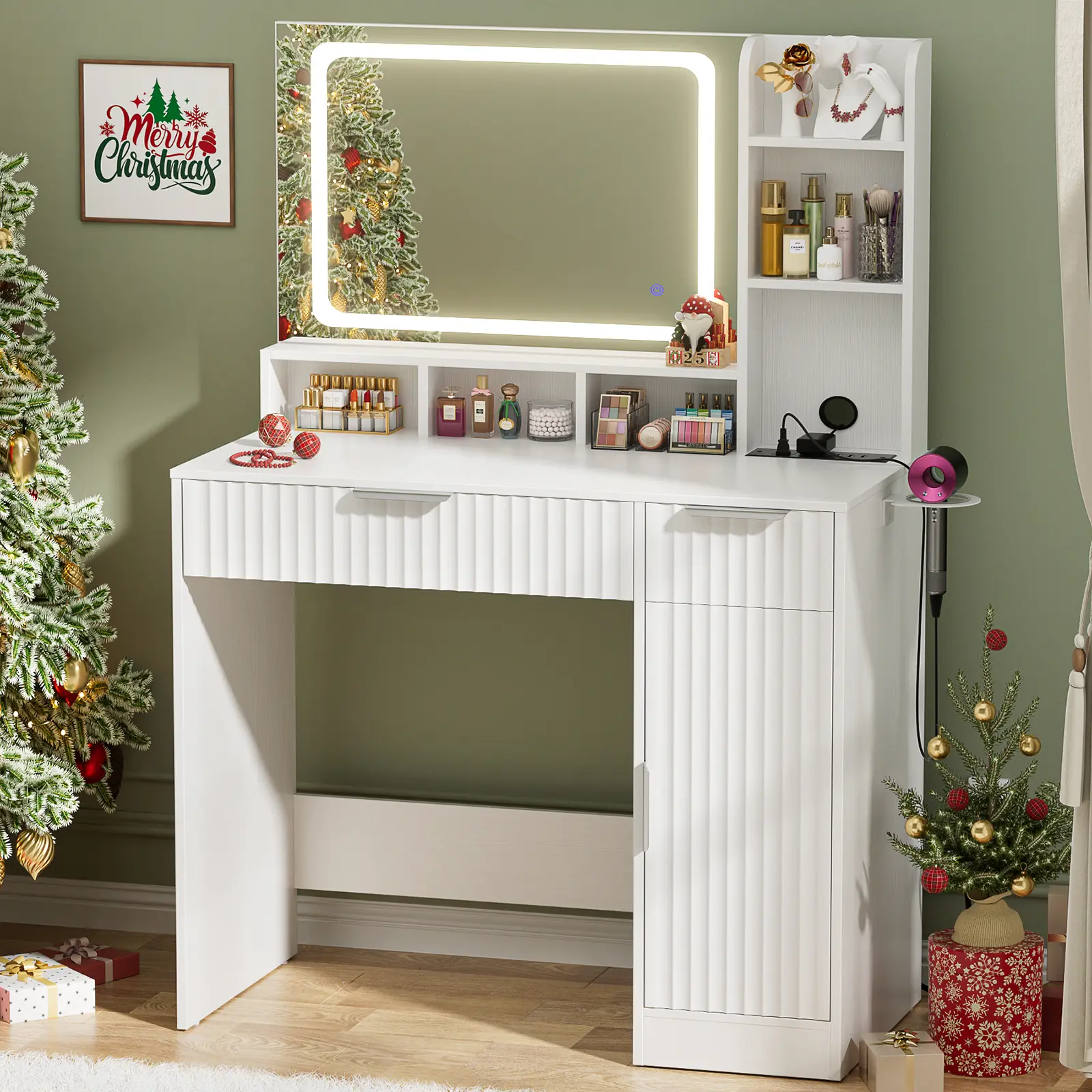 Vanity Desk with Mirror and Light,With Charging Station,Large Drawer,Storage Dresser,3 Lighting Modes Adjustable Brightness, Dressing Table,dorm essentials,home decor