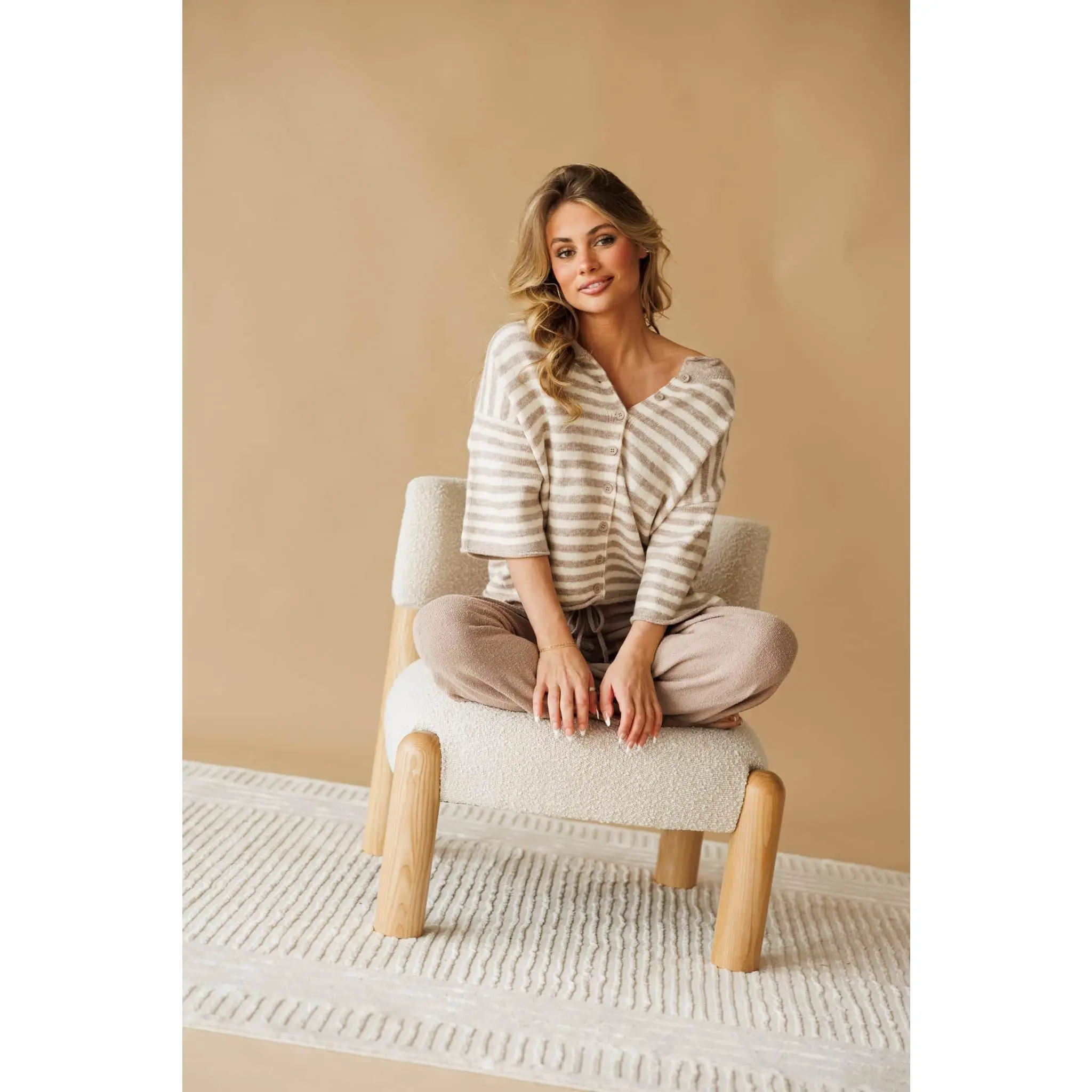 Striped Crew Neck Cardigan for Women, Casual Button-Up Knitwear with Quarter Sleeves, Soft Breathable Fabric, Spandex, Lady, Button Front
