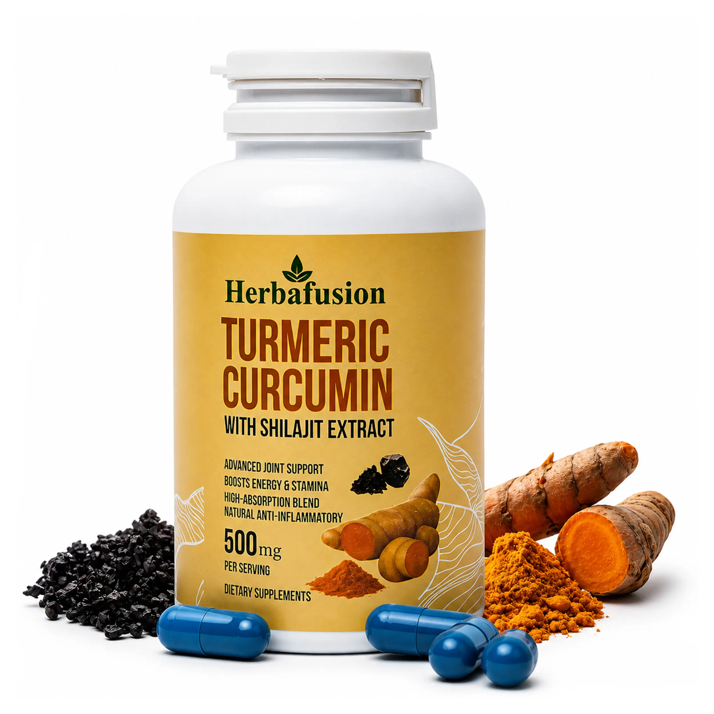 2-in-1 Turmeric Curcumin with Shilajit Dietary Supplement Capsules - 500mg, 60 Vegetarian, High Absorption Edible Herbs for Joint Support, Energy Stamina Supplement | Pure Himalayan Freeze-Dried Shilajit, Sleep Aid