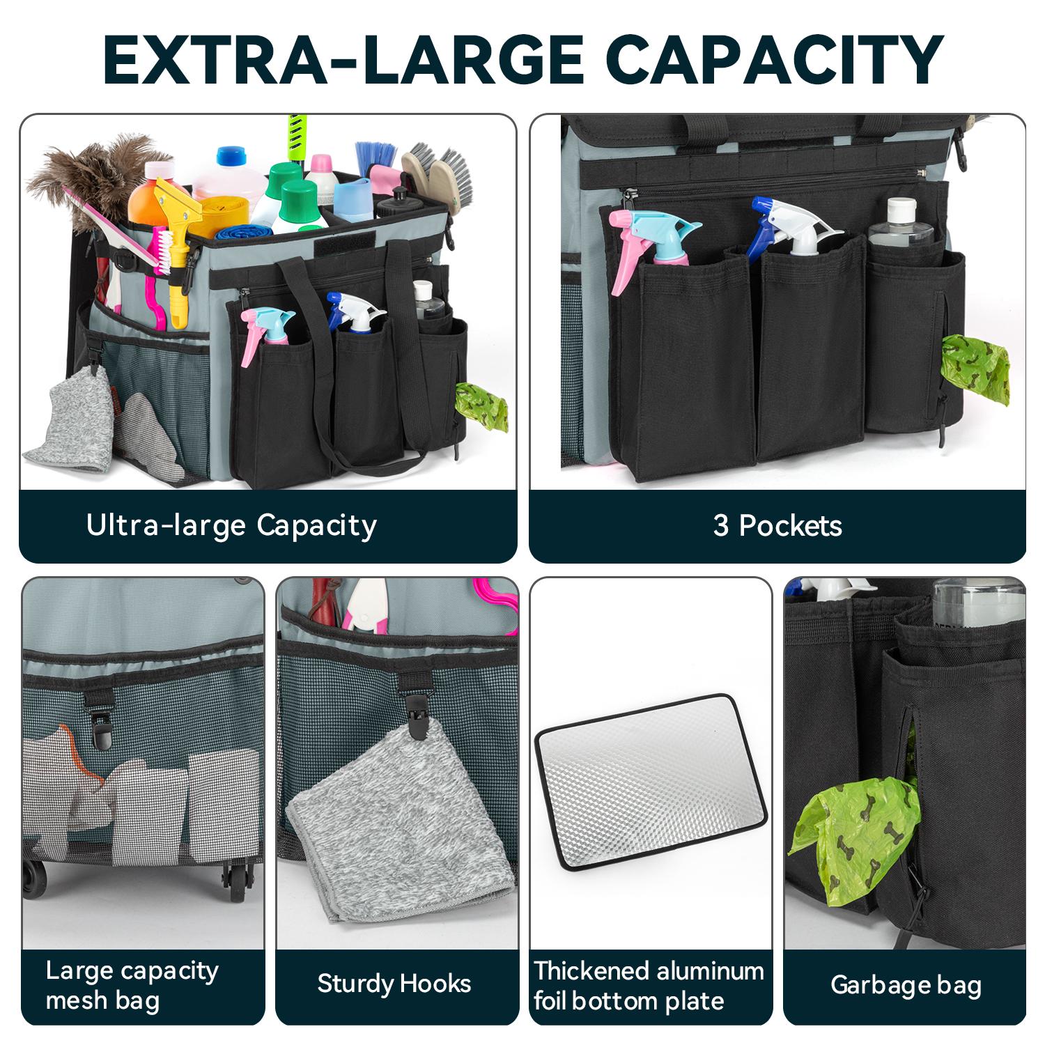 Cleaning Caddy Bag with Wheels, Extra Large Rolling Cleaning Caddy Bag with Detachable Trolley for Housekeepers, Water Resistant Cleaner Supplies Organizer with Wheels for Kitchen, Tool Organizer