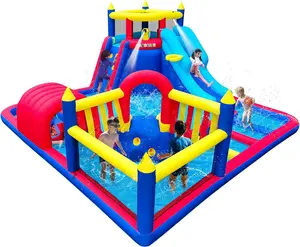 Water Slide Park for Party Fun,15x15FT,Big Splash Pool,Long&Short Slides,Fun Crawl Tunnel,Basketball Hoop,GFCI Blower,Bounce Castle for Kids