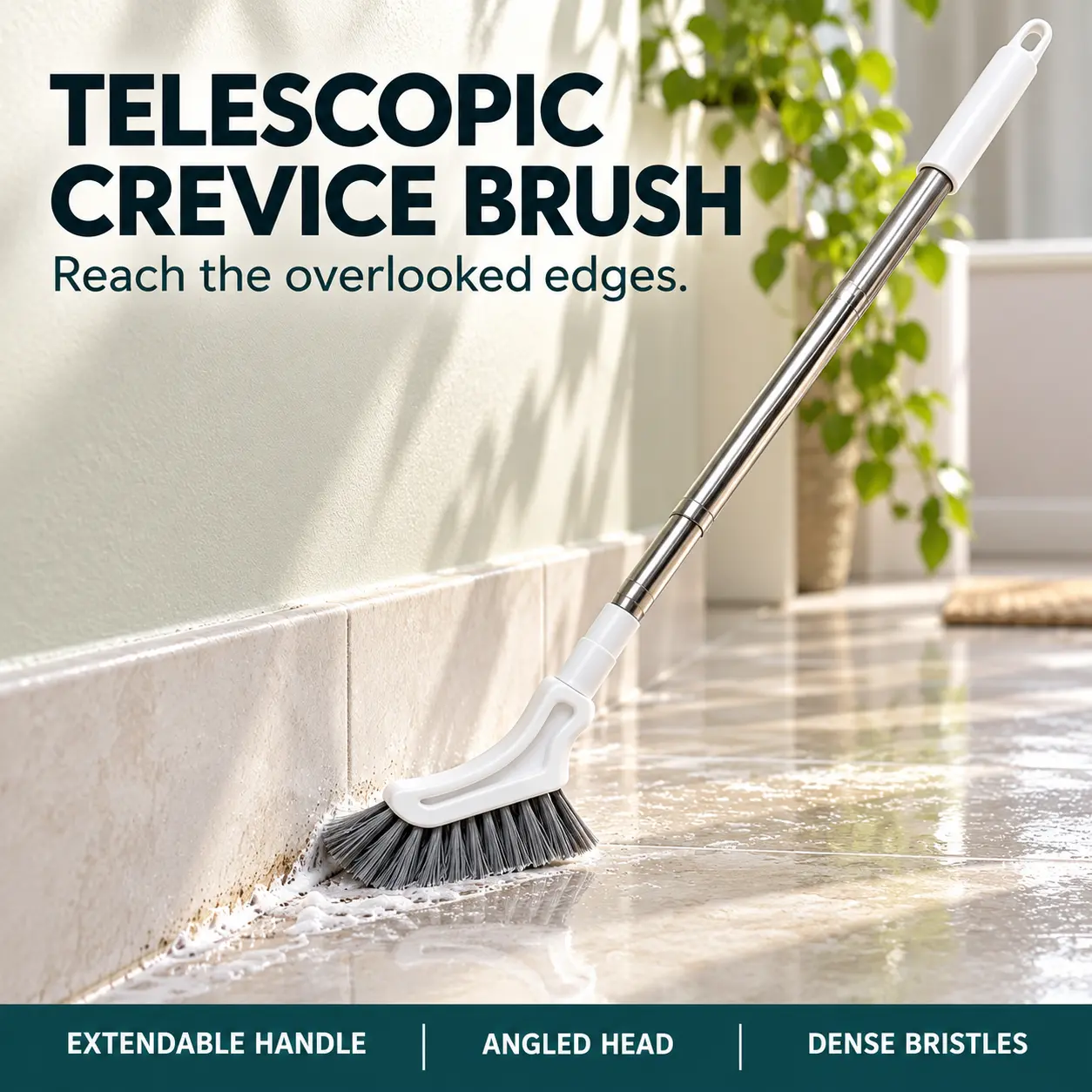 Telescopic Long Handle Crevice Cleaning Brush with Adjustable Stainless Steel Handle, Narrow Gap Scrubber for Bathroom Tile Grout, Shower Corners, Tub Edges, Sink Gaps and Floor Seams, Manual Cleaning Tool for Tight Corners and Everyday Household Cleaning