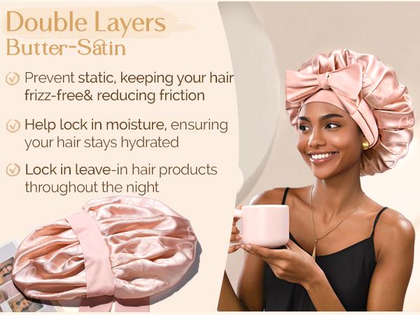 YANIBEST Double Layer Silk Satin Bonnet for Sleeping Women Printed Pattern Satin Bonnet with Tie Band for Women Curly Natural Hair Elastic Tie Band for Curly Hair Night Cap TikTokShopBlackFriday
