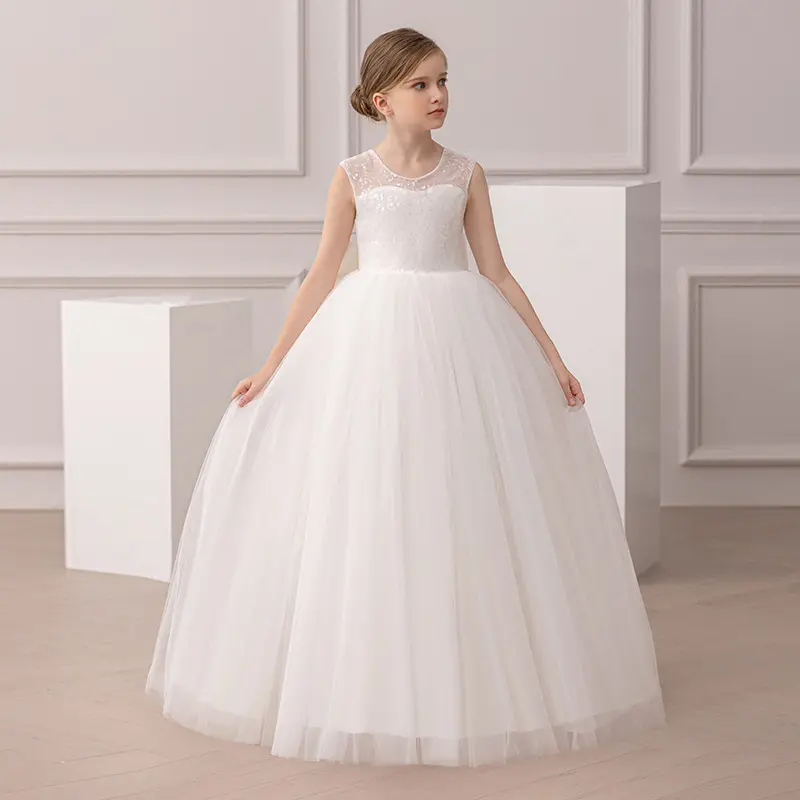 Ready Stock 8-14Y Big Girls Princess Wedding Dress Elegant Lace Crew Neck Sleeveless Patchwork Back Bow Long Dress One Piece Puffy Dress D24669