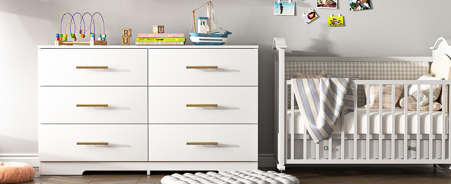 6 Drawer Wooden  Dresser, Large Storage Cabinet Modern Chest of 6 Drawers Night Table, Bedroom Storage Organizer, Storage Dresser Chest of Drawers for Bedroom, Closet, Living Room