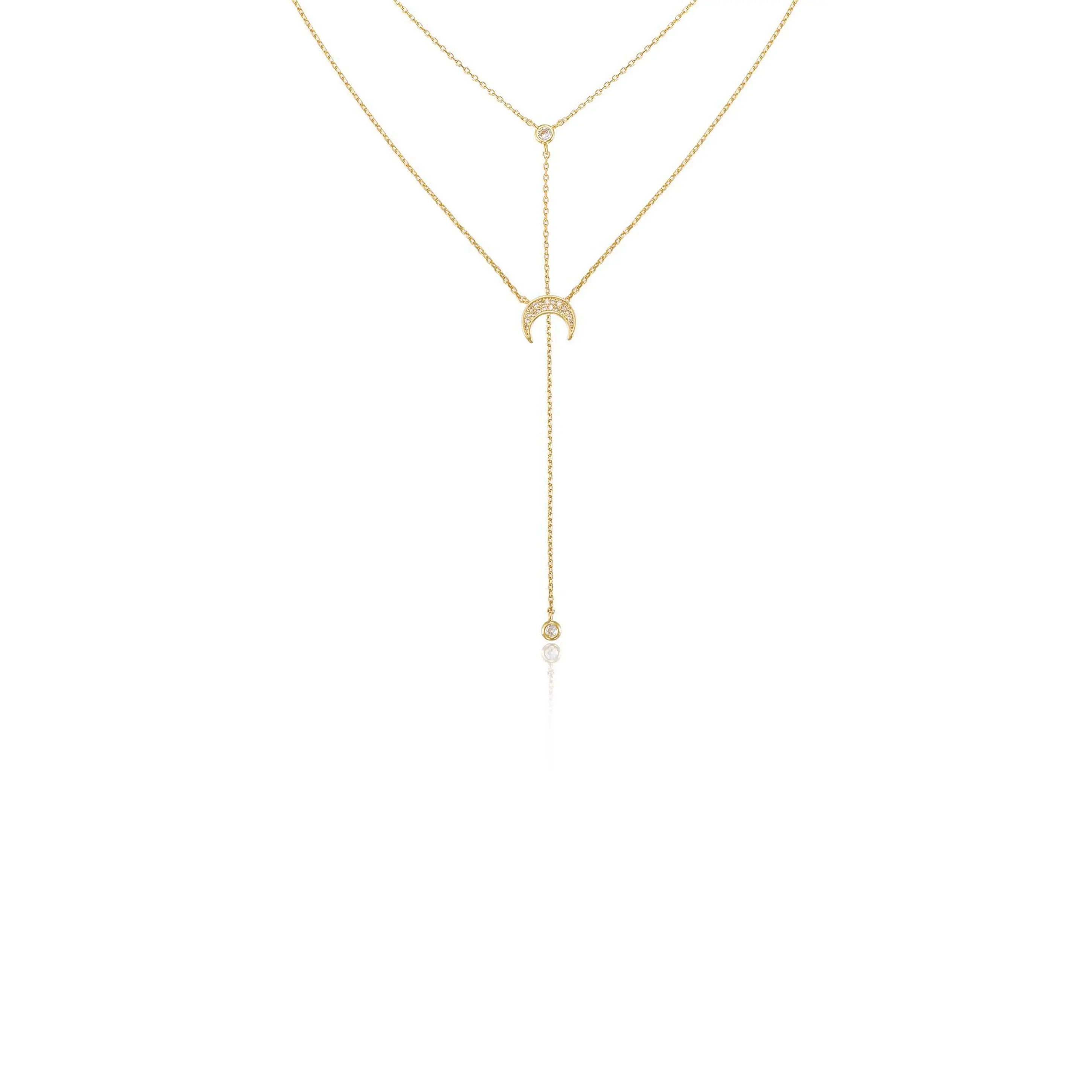 Dainty Layered Crescent Moon Necklace – 18K Gold Plated Lariat & Horn Layered Celestial Necklace Set for Women, Cubic Zirconia Cosmic Jewelry (2-Piece Set)