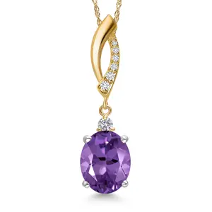 Gem Stone King 925 Silver and 10K Yellow Gold Purple Amethyst and Lab Grown Diamond Pendant Necklace for Women | 2.43 Cttw | Gemstone February Birthstone | Oval 10X8MM | With 18 Inch Chain