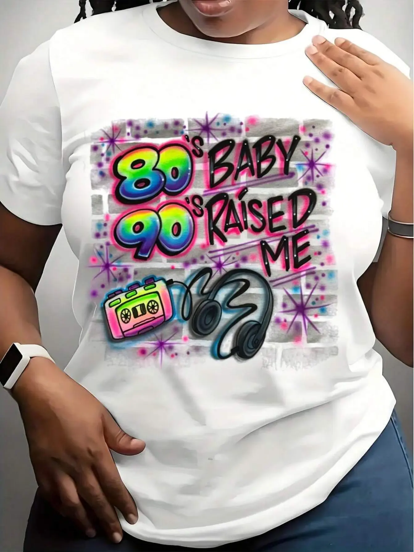 80s 90s Style Women's T-Shirt, Retro Pop Art Print, Neon Colors and Tape Design, Perfect for 90s Themed Parties and Casual Wear, 180g