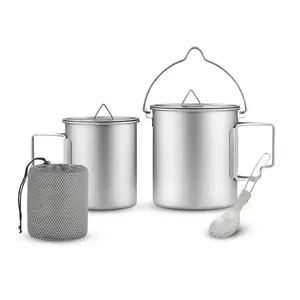 Titanium Camping Cookware with Folding Spork, 750ml Camping Titanium Pot & 450ml Coffee Mug with Foldable Handle & Lid, Portable Outdoor Cookware Set for Backpacking Hiking Cooking