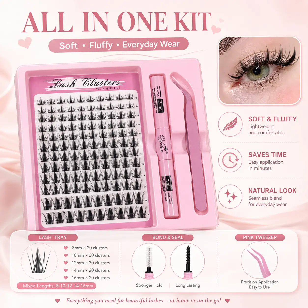 D Curl Voluminous Lash Clusters Starter Kit, DIY Anime Manga Wispy Fairy (8-16mm Mix) Mega Value Pack with Glue and Tweezer for Eyelash Extension Beginners