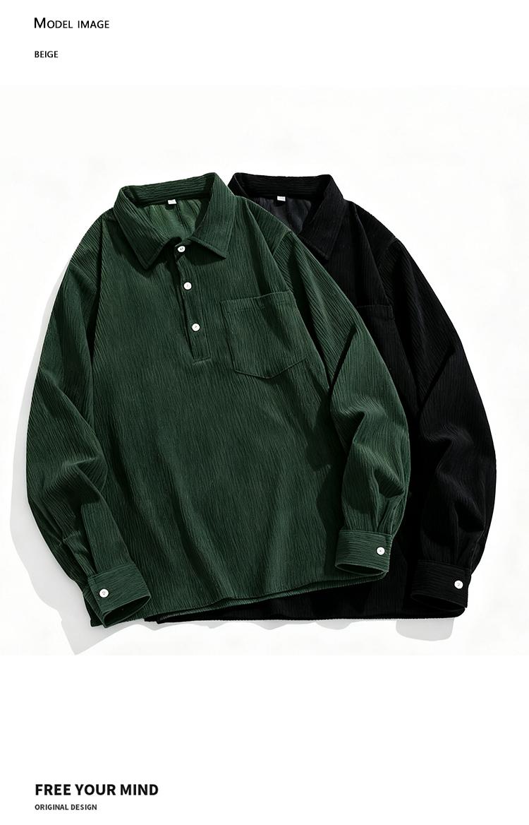 2 Counts Men's Corduroy Polo Shirt Green & Black Two-Tone Loose Long Sleeve Casual Coat Medium Fit Polyester