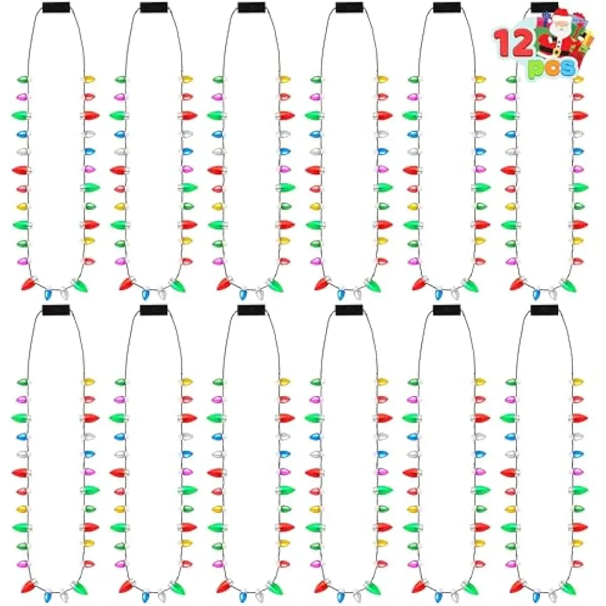 12 Pcs Christmas LED Mini Bulb Necklaces, Xmas Necklace with with 3 Lighting Fun Modes, Light Up Necklaces Lightweight and Comfortable for Sweater New Year Women Men Family Party Supplies