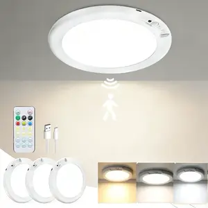 3 Packs Rechargeable Motion Sensor Ceiling Light - USB charging, Magnetic Wireless Light with 3 Adjustable Color Lighting Options & Remote, Modern Light for Closet, Shower, Stairs, Shed, Hallway, Porch & Patio, Multi-Scene Use, Easy Installation
