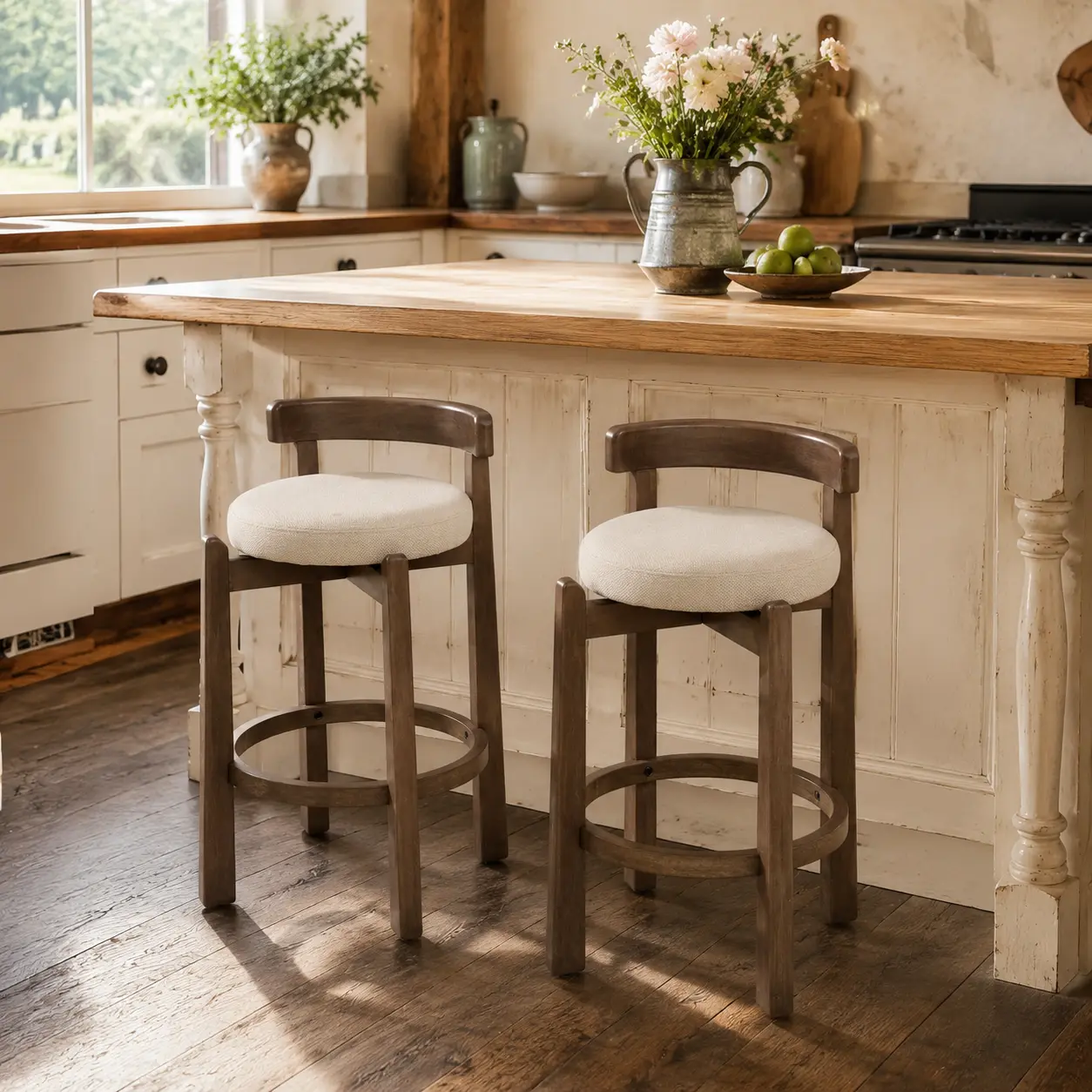 Farmhouse Counter Height Bar Stools Set of 2 , Modern Solid Wood Curved Back Kitchen Island Stools with Round Upholstered Cushion, Rustic Wooden Bar Chairs for Home Bar & American Kitchen Island