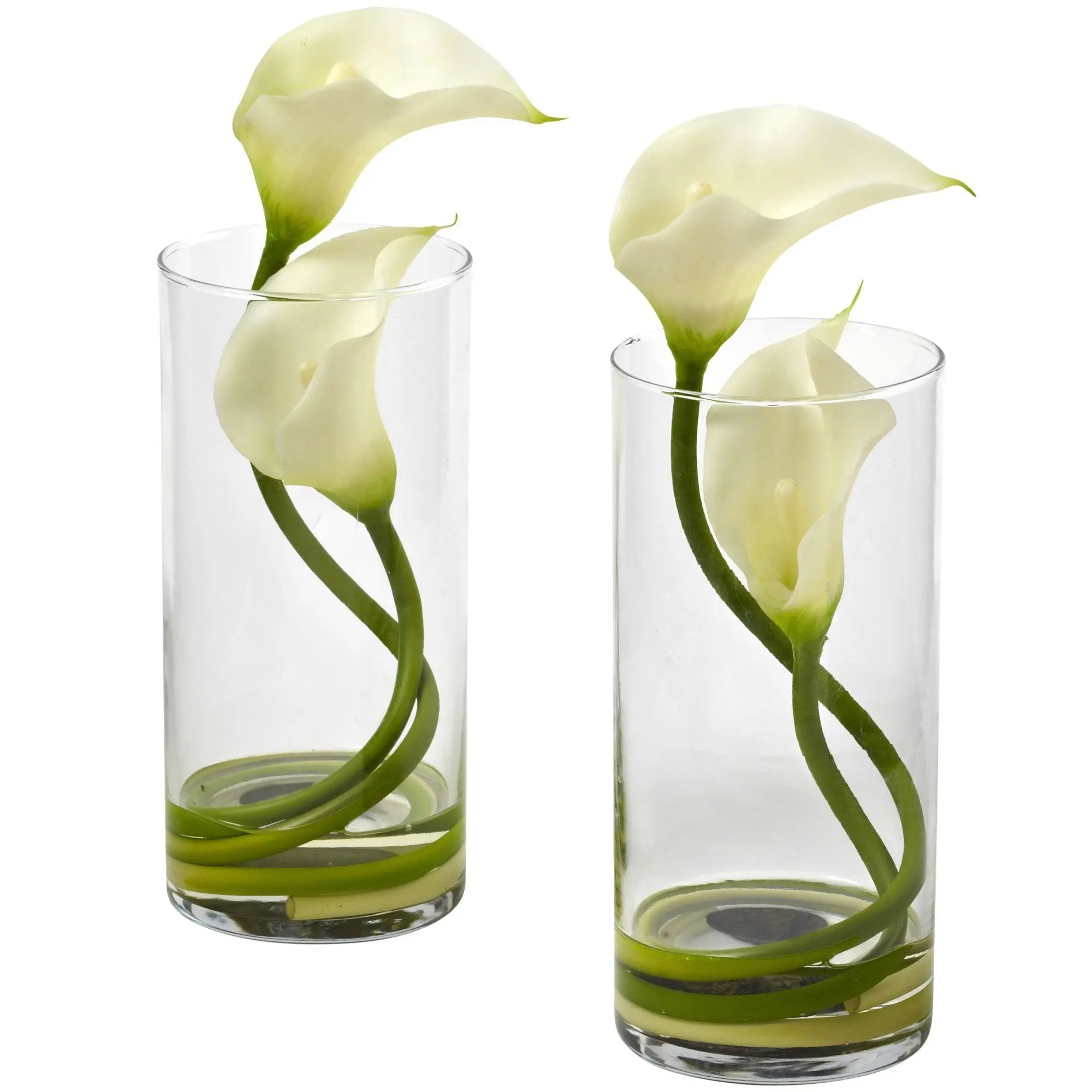 2-Piece Waterproof Faux Silk Double Calla Lily Artificial Flowers & Glass Cylinder Vases Set - Coil Stem Silk Faux Flowers, Botanical Aesthetic for Home Decor Supplies Decoration