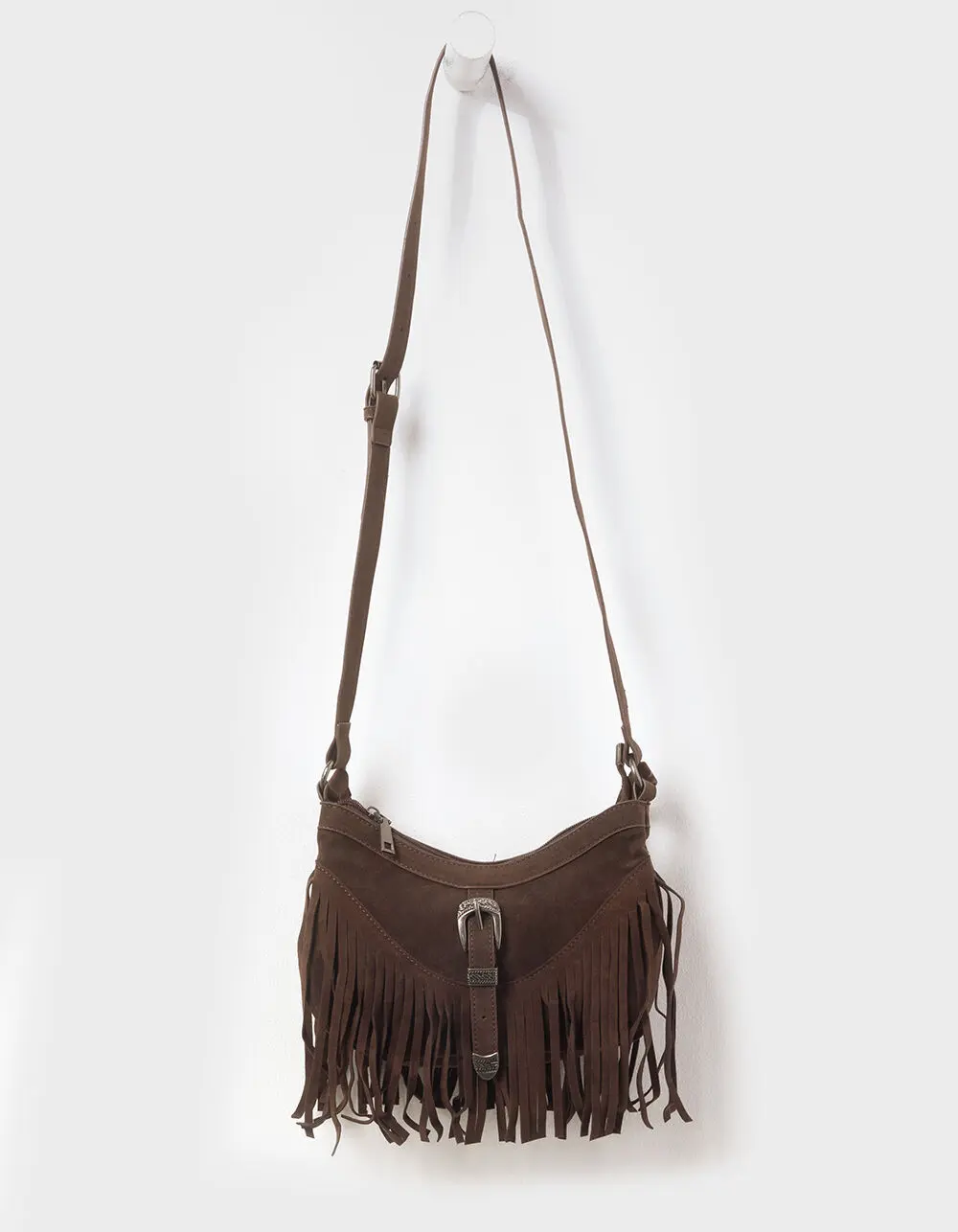 Small Buckle Fringe Bag, Dark Brown