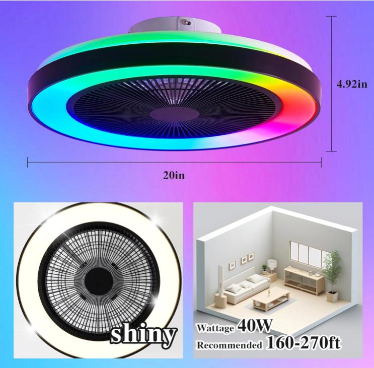 Dual-Ring RGB Color-Changing Invisible Ceiling Fan Light Bluetooth Music Ambient Lamp Living Room & Bedroom 2-in-1 Space-Saving Design