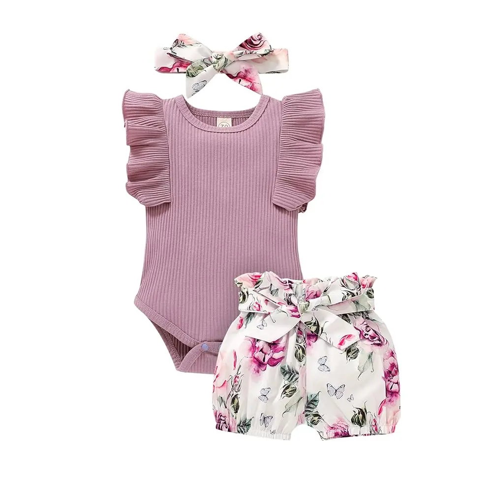 Younger Tree Baby Girls' 3-Piece Newborn Essential Gift Set - Ruffle Sleeve Romper, Floral Shorts, Headband, Minimalist Summer Bodysuit Outfit for 0-3m/6-12m Toddlers, Gift Sets, Newborn Essential Set