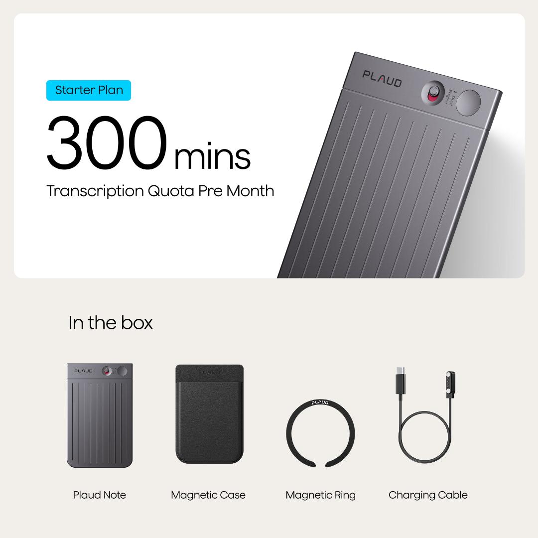 Plaud Note Smart Voice Recorder - One-Press Recording & Playback, 0.117-Inch Slim, 64GB, Voice Changer Translator, Black MagSafe Case - Audio