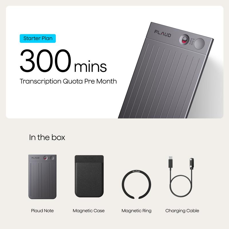 Plaud Note Smart Voice Recorder - One-Press Recording & Playback, 0.117-Inch Slim, 64GB, Voice Changer Translator, Black MagSafe Case - Audio