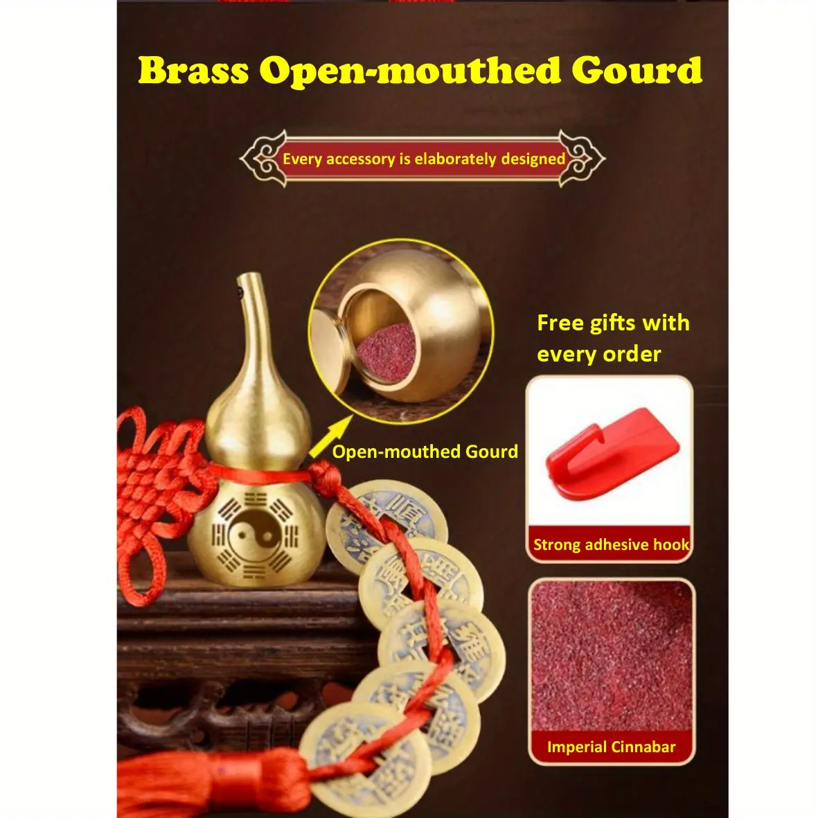 Brass 5-Emperor Coins Feng Shui Ornaments Set with Openable Gourd, Yin-Yang Wealth-Protection Amulet, Hooks, Vermilion Powder, Beads, Classic Chinese New Year Decor, Bedroom Peace Aid, Desk Sales Boost