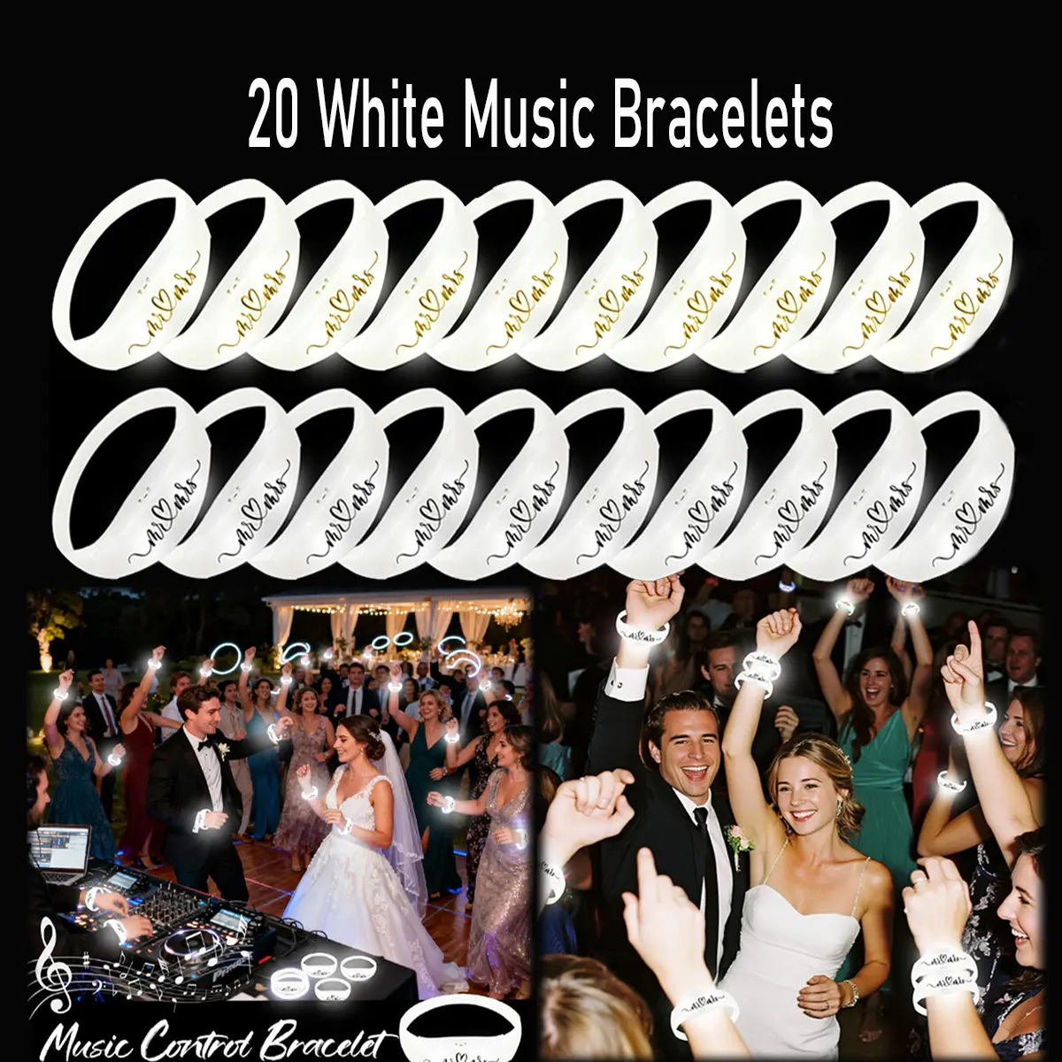 20pcs-Sound Activated LED Glow Bracelets for Weddings, Adult Glow Bracelets, Glow-in-the-Dark Bracelets, Neon Accessories for Weddings and Concerts(10 with black lettering + 10 with gold lettering)