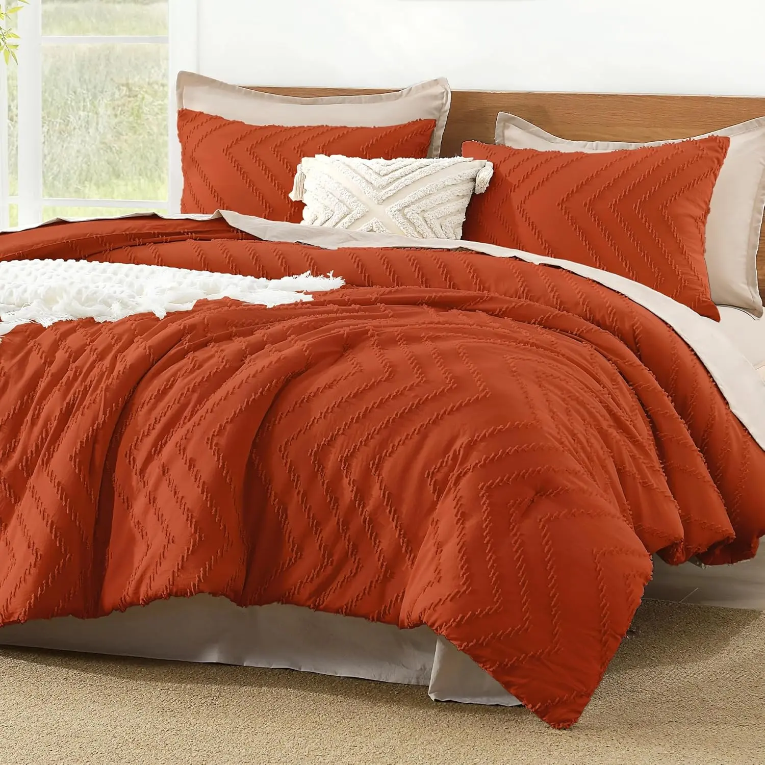 Litanika 3-Piece Tufted Comforter Set with 2 Pillowcases, Soft Cozy Chevron Textured Boho Bedding Set, Lightweight Fluffy All-Season Comforter
