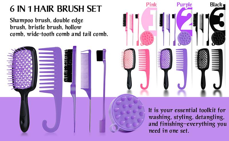 Purple 6-in-1 Hair Brush Set with Detangler & Combs for Straight Curly All Hair Types Wet Dry Adults Children 13 Counts Hair Care Kit Purple 6-in-1 Hair Brush Set with Detangler & Combs for Straight Curly All Hair Types Wet Dry Adults Children 13 Counts Hair Care Kit