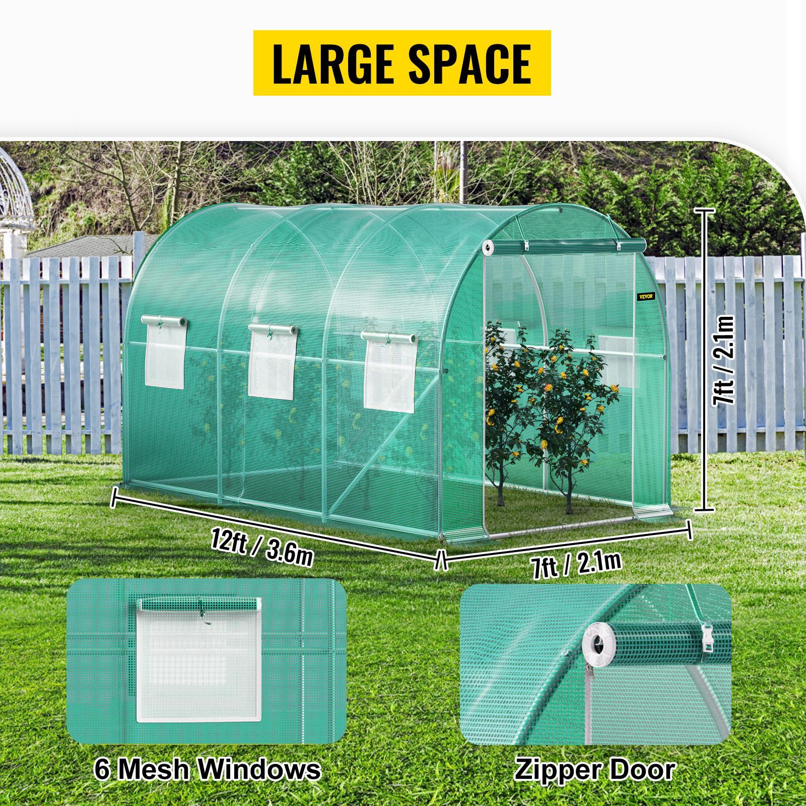 VEVOR Walk-in Tunnel Greenhouse, Portable Plant Hot House w/ Galvanized Steel Hoops, Top Beams, Diagonal Poles, Zippered Doors & Roll-up Windows