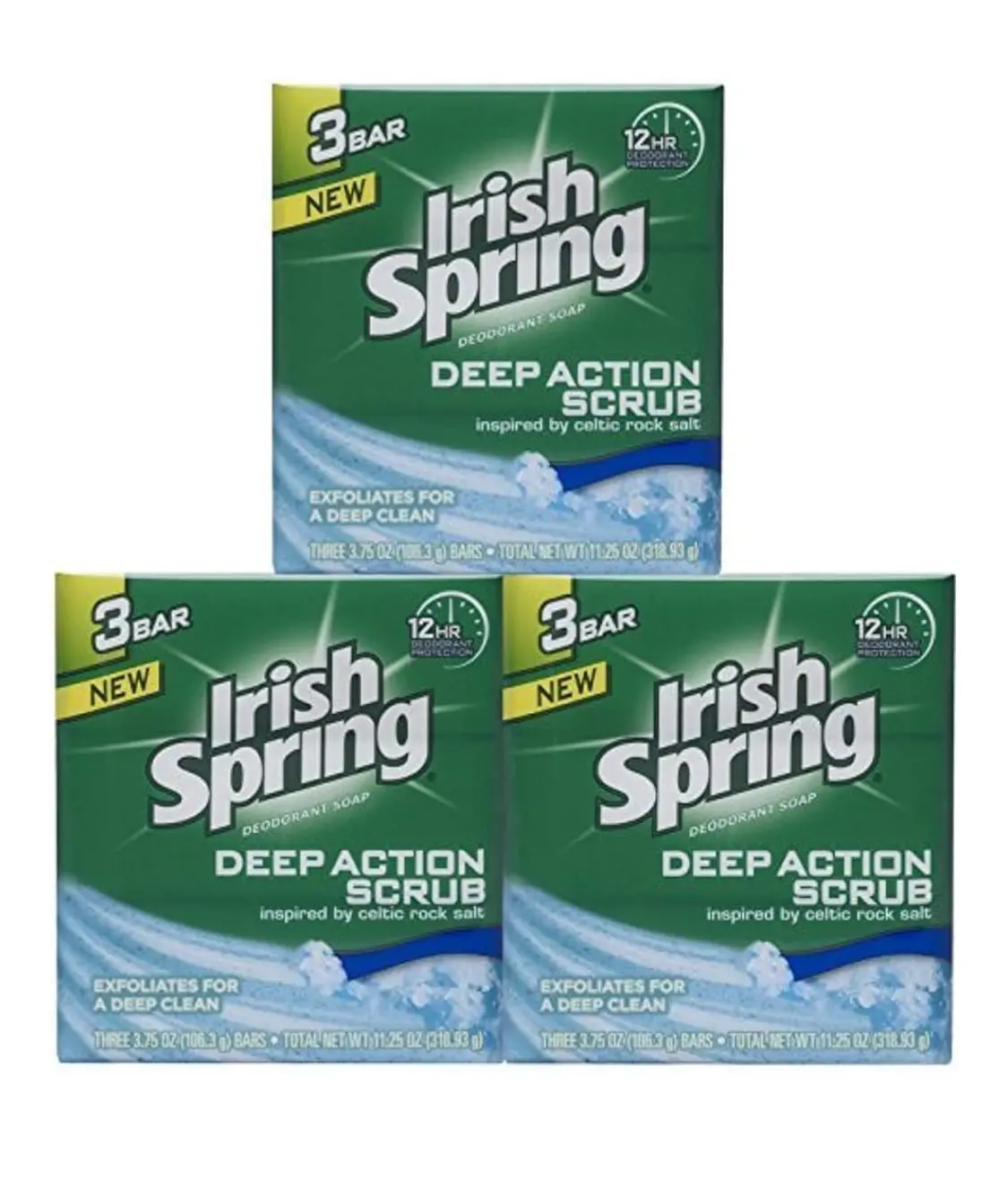 Irish Spring Deep Action Scrub Antibacterial Deodorant Soap - 54-Pack, 3.3g Single Bar, Celtic Rock Salt Inspired, Hydrating Scent, for Daily Cleansing & Skin Repair (Beauty & Personal Care Bath Soap)
