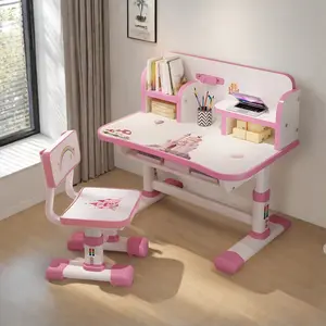 Height-Adjustable Kids Study Table and Chair Set, Cartoon Pattern Desk with Widened Tabletop, Spine-Protecting Backrest & Myopia Prevention, for 3+ Boys and Girls