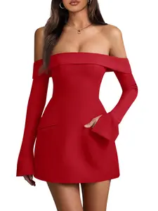 Wenrine Christmas Winterfashion Women's Sexy Off The Shoulder Mini Dress Bell Long Sleeve A Line Flared Going Out Club Party Dresses