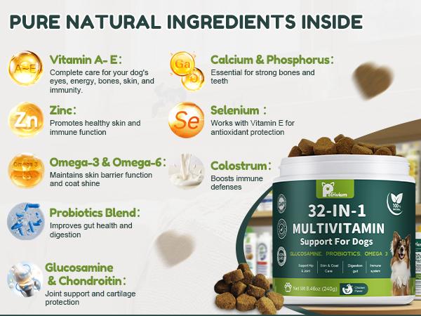【32-in-1】Dog Chewable with Glucosamine & MSM, Omegas 3 & 6, Probiotics, Dog Vitamins and Supplements for Hip & Joint Health, Skin & Coat, Immune Boost & Overall Natural Health 120 Soft Chews cat Multivitamin