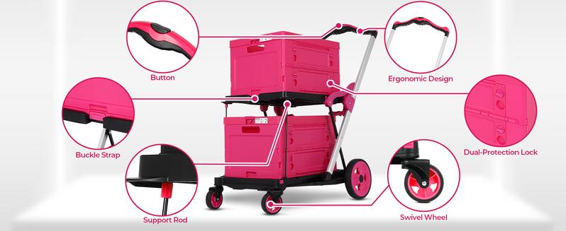 Foldable Shopping Cart with Wheels,With Storage Crates, Multi Use Two Tier Collapsible Cart with 360° Rolling Swivel Wheels Heavy Duty Folding Trolley for Shopping, Picnic and Office,Cosmetic Organizer,Grocery,Warehouse,Garden