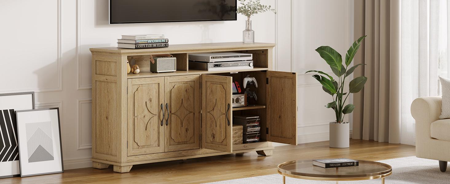 【SPOTLIGHT DAY】ONBRILL 60 Inches Sideboard Buffet Cabinet with Storage, Large Credenza with 4 Carved Doors, Open Storage Shelf, Adjustable Shelves, Coffee Bar Cabinet for Kitchen, Living Room 【SPOTLIGHT DAY】ONBRILL 60 Inches Sideboard Buffet Cabinet with Storage, Large Credenza with 4 Carved Doors, Open Storage Shelf, Adjustable Shelves, Coffee Bar Cabinet for Kitchen, Living Room