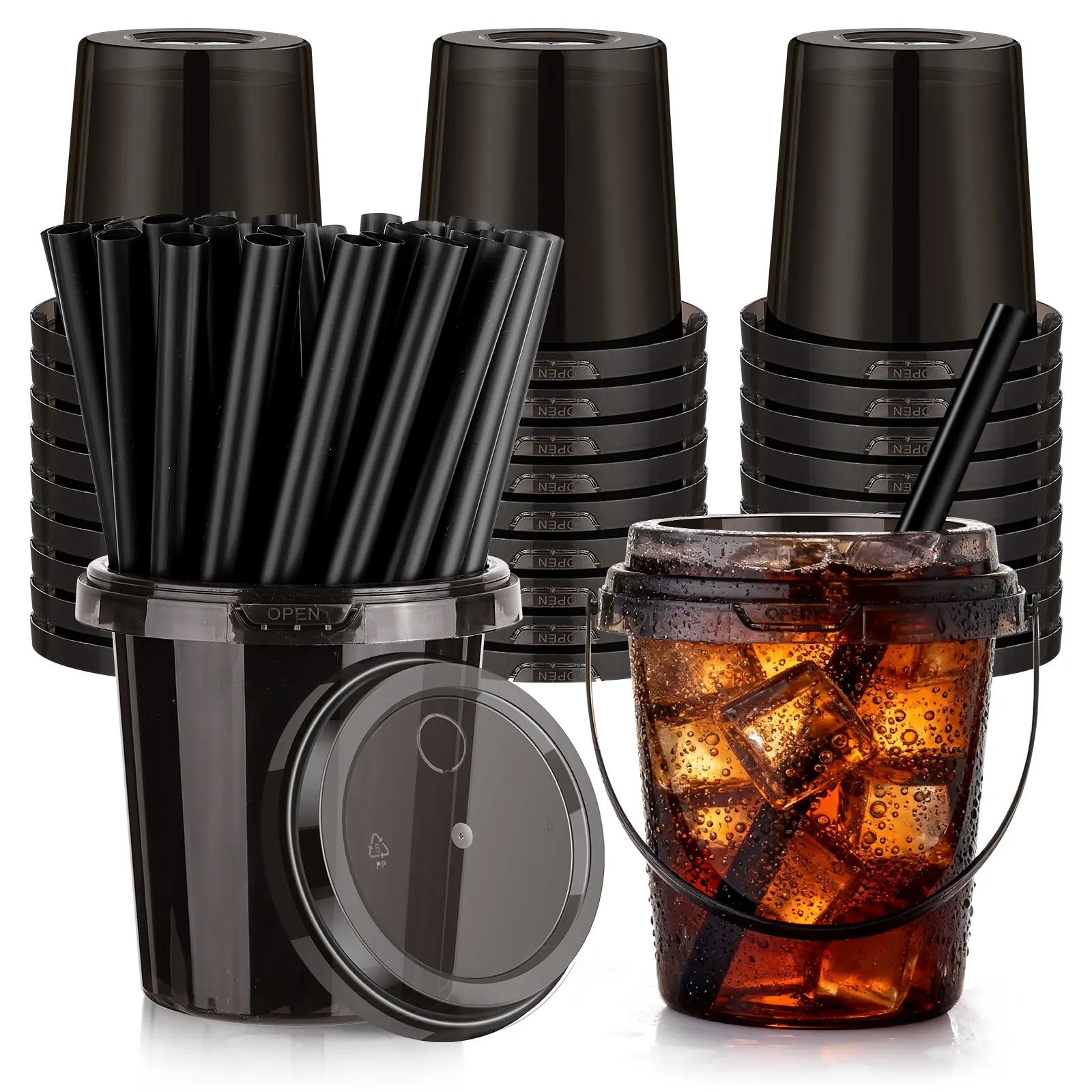 Kesaplan 30 Pack 24oz Drink Buckets with Lids and Straws, Black Bucket Cups Reusable,Stackable,with Handle,Ideal for Iced Coffee,Bubble Tea,Lemonade,Holiday and Party Use