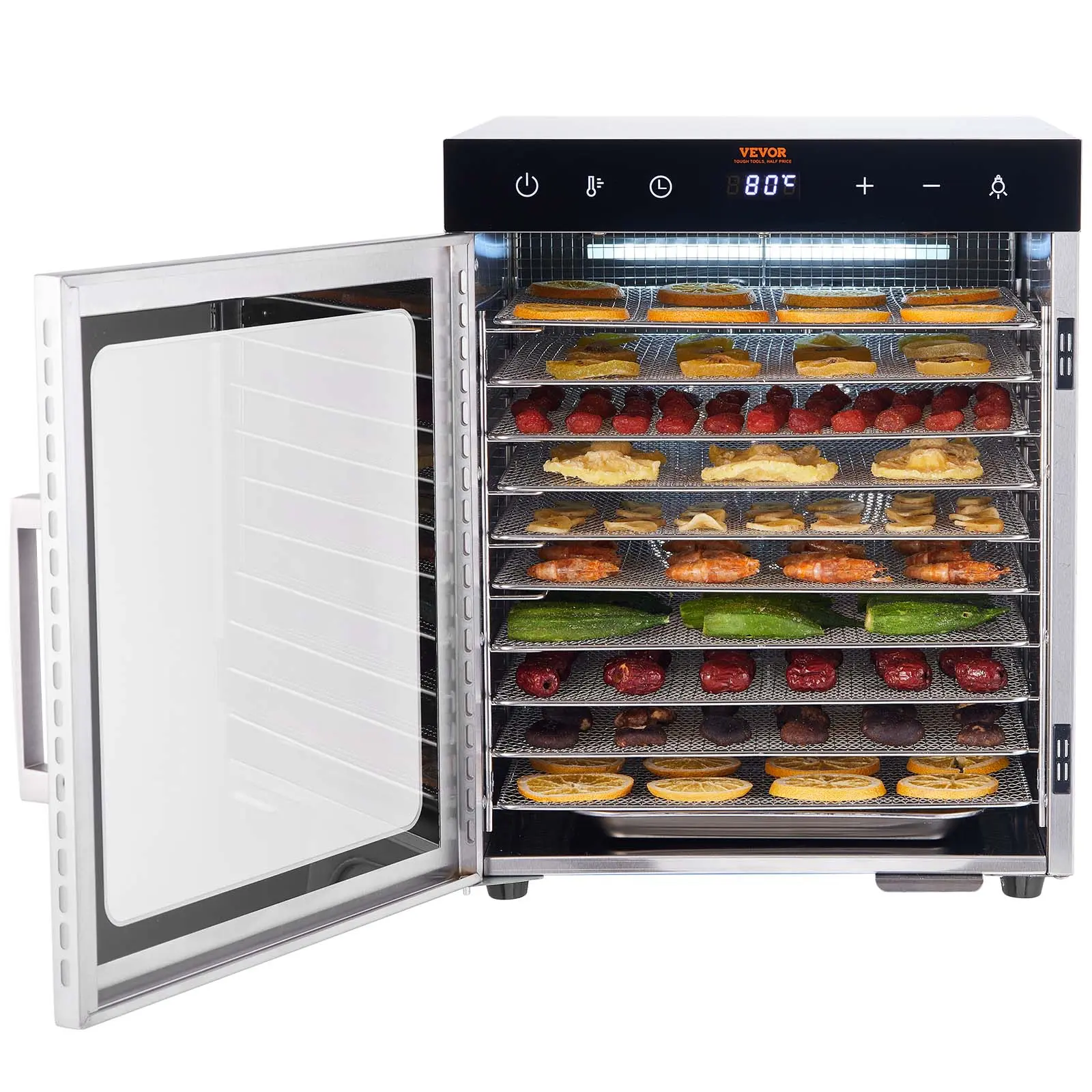 VEVOR 800W Electric Food Dehydrator Machine, 10 Stainless Steel Trays, Digital Adjustable Timer & Temperature, 201 Steel Body Resists Daily Wear, Even Drying Preserves Original Flavors, for Jerky, Fruit, Dog Treats, with Gloves & Sieve, 800W Power