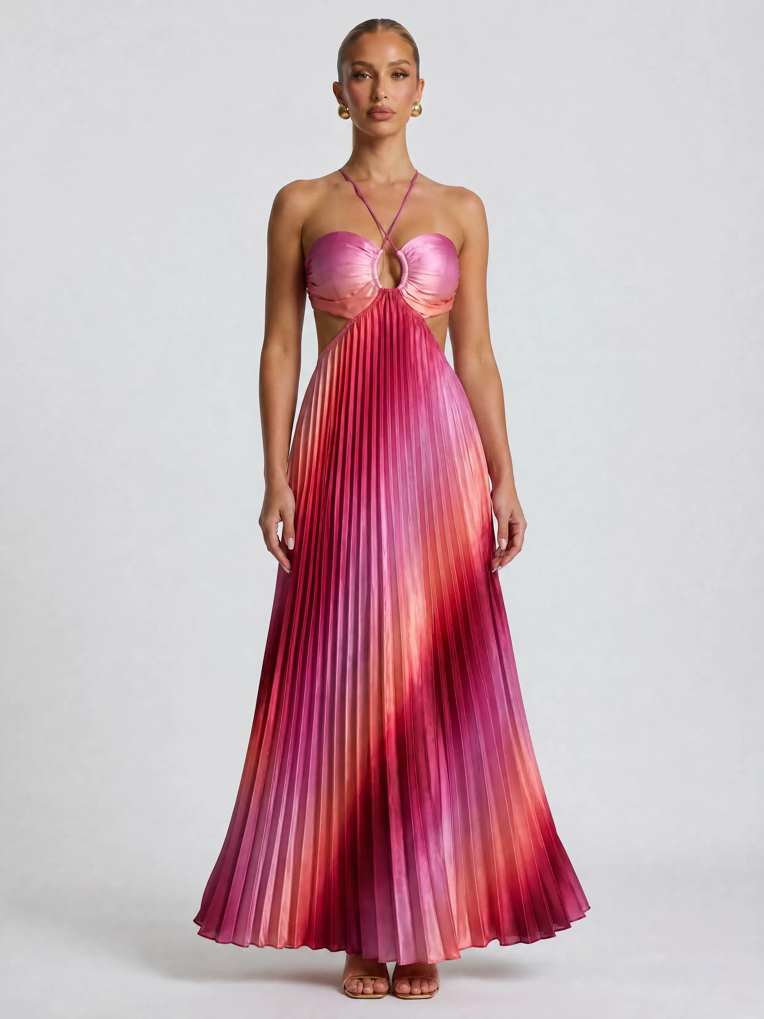 LikeMyChoice 2026 Halter Cutout Ombre Pleated Maxi Dress - Satin Party Vacation Gown