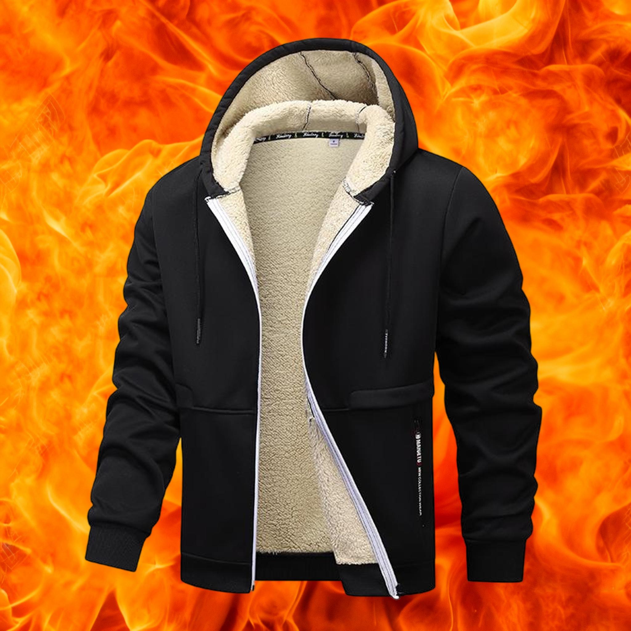 Men's Casual Zipper Wool Lined Hoodie - 100% Polyester Solid Color Long Sleeve Jacket, Lightly Stretchable Fabric, Suitable for Spring, Autumn, Hiking & Outdoor Activities, Regular Fit Hooded Sports Shirt, Men’s Warm Coat, Day Fleece Menswear  Beige Black