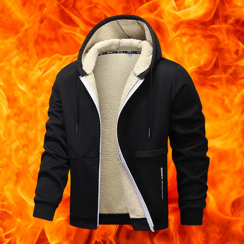 Men's Casual Zipper Wool Lined Hoodie - 100% Polyester Solid Color Long Sleeve Jacket, Lightly Stretchable Fabric, Suitable for Spring, Autumn, Hiking & Outdoor Activities, Regular Fit Hooded Sports Shirt, Men’s Warm Coat, Day Fleece Menswear  Beige Black