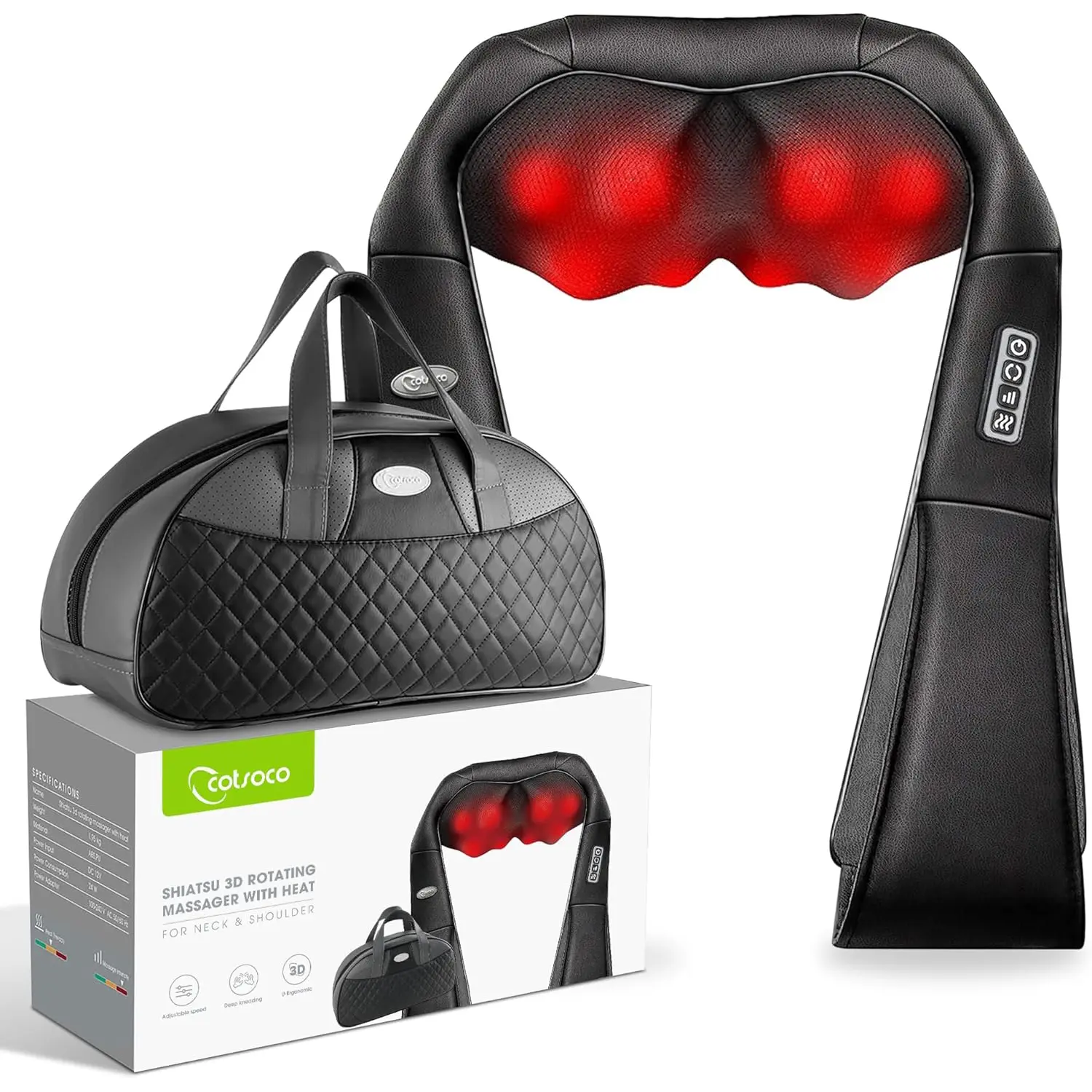 Cotsoco Shiatsu Neck and Back Massager with Heat, Ergonomic 16 Deep Kneading 3D Nodes Electric Massager for Neck Shoulder & Full Body Muscle Relief, Premium PU Leather Home & Car Use Gifts for Men & Women