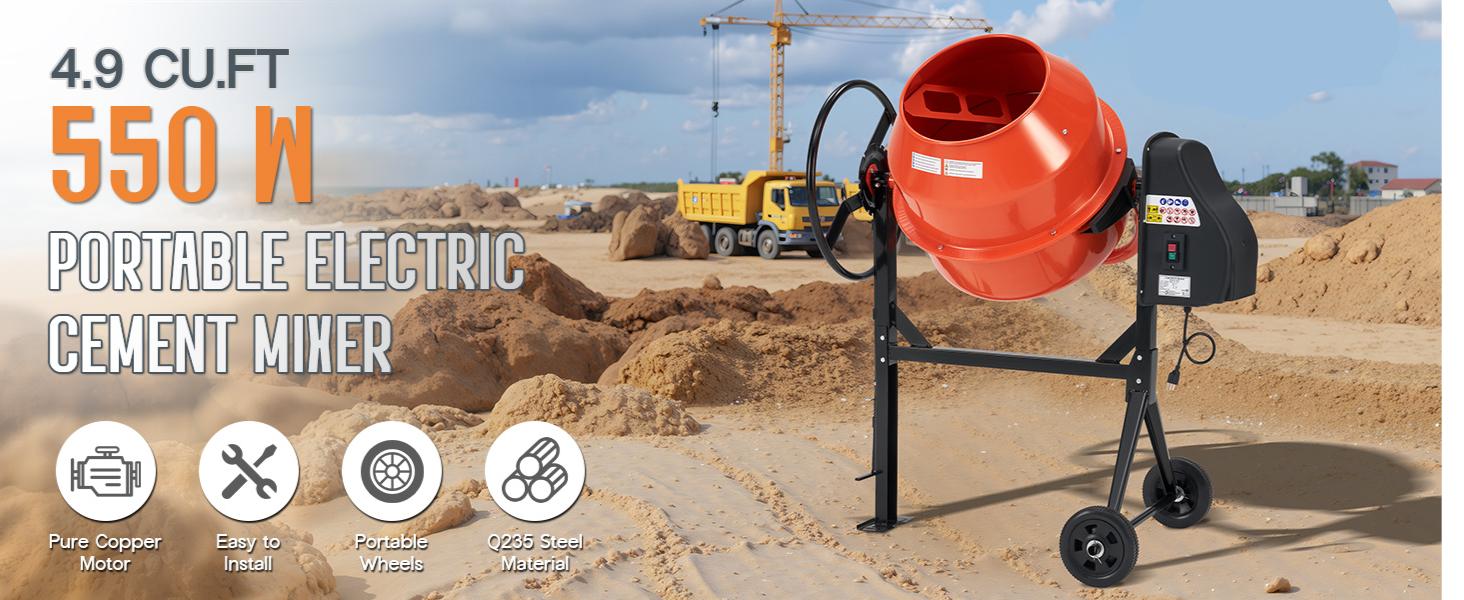 AMERLIFE 4.9 Cu.Ft. Electric Cement Mixer,375W/550W Portable Concrete Mixing Machine with 140L Drum, 110V Motor, 30RPM Rotation for Mortar, Stucco, and Feed
