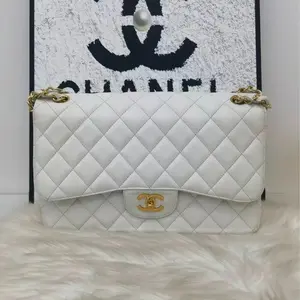 Pre-owned CHANEL Cowhide Shoulder Bags CLASSIC FLAP Large White Grained Calfskin Shoulder Bag with Silver Hardware