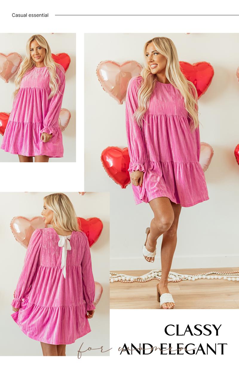 Asvivid Women's Pink Flounce Sleeve Tiered Ruffled Velvet Mini Dress with Pockets Casual Womenswear Everyday Elegant Valentine's Day Dresses