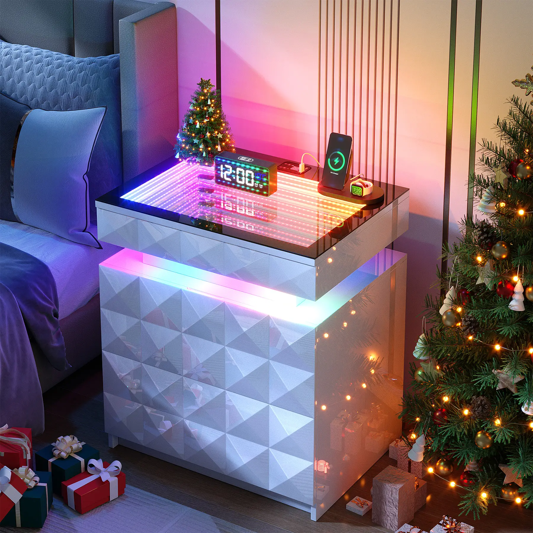 Dystler Modern Nightstand - Indoor Bedroom Furniture with Built-in RGB Lights, Charging Station, Tempered Glass Sliding Flat Top, 3 Lockable Drawers, Hidden Storage, Clean Aesthetic for Moody Bedroom, Collectibles End Side Table (Requires Assembly)