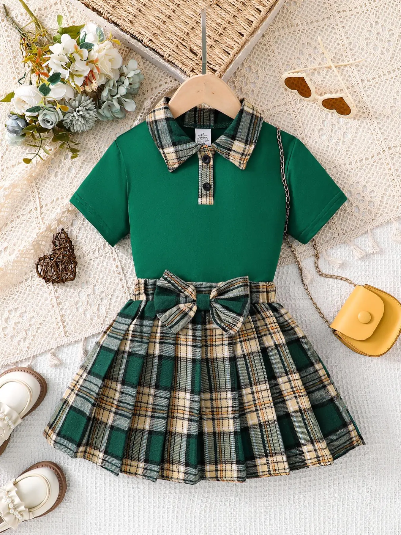 Girls' 2-Piece Preppy School Uniform Outfit, Short Sleeve Polo Shirt with Plaid Collar & Tartan Pleated Mini Skirt with Front Bow, Casual Set for Spring Summer Daily Wear