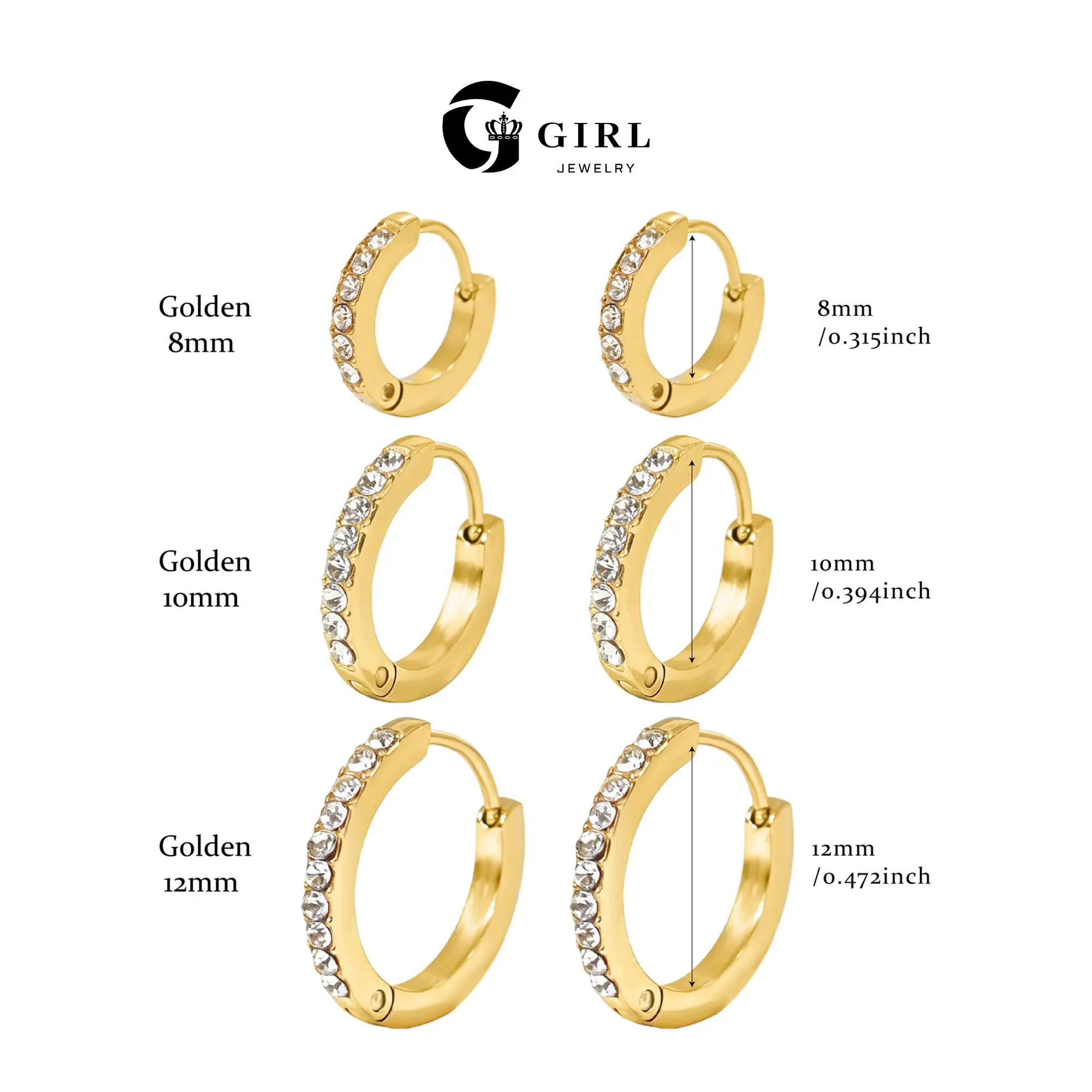 GGIRL 18K Gold-Plated Stainless Steel Hypoallergenic Colorfast Eco-Friendly Hoop Earrings Set with Cubic Zirconia, for Cartilage Snug Piercings, Comfortable Versatile Fashion Jewelry Gift for Christmas, Birthdays